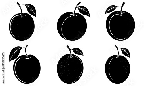 Illustration of six plums with leaves and stems in a black and white vector format design style