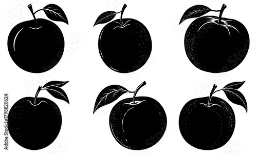 Illustration of six plums with leaves in black and white with varying textures and orientations