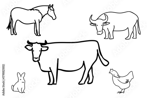 This is a hand-drawn vector image of livestock, suitable for use in coloring designs, animal feed, food, drinks, wall decorations, wallpapers, fertilizers, farmer brands, garden needs, plantations