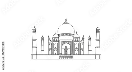 Minimalist line art illustration of the Taj Mahal iconic Indian landmark isolated on a white background