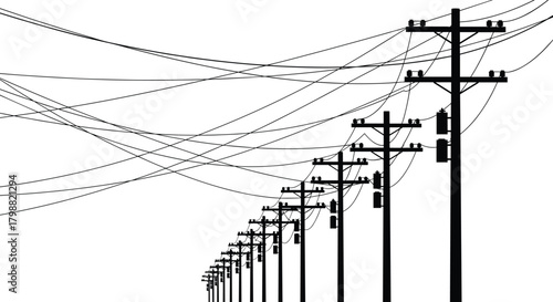 Silhouette electric utility poles with transformers and overhead power lines in long deep perspective, high voltage energy transmission infrastructure illustration concept