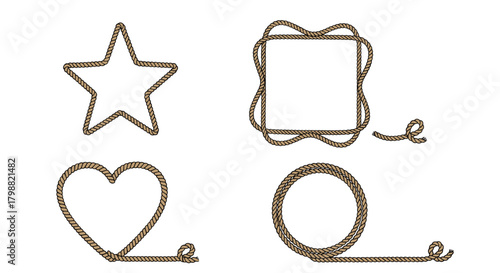 Set of braided rope frames, including star, heart, wavy square, and circular designs, with decorative knots and loops, isolated on white.