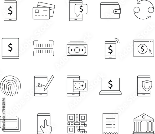 Internet Banking and Digital Finance Line Icons Set - Mobile Money and E-Payment