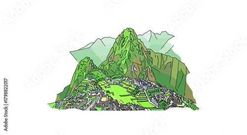 Machu Picchu illustration detailed vector drawing of the ancient Inca citadel isolated on white background