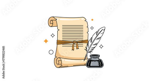 Historical parchment scroll with a classic quill pen and inkwell, symbolizing ancient writing, literature, or official records.