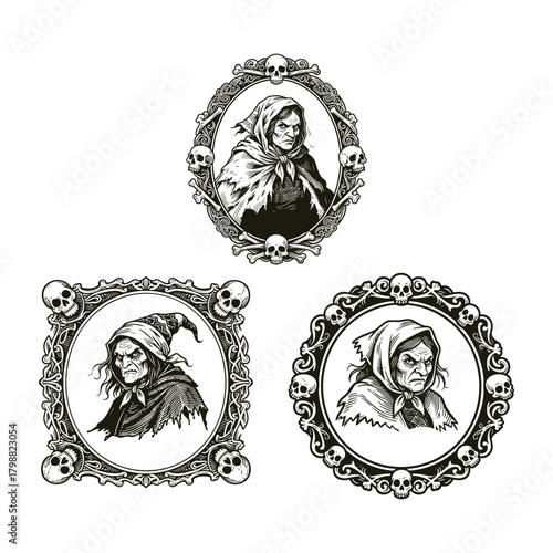 Set of three sinister vintage engraving portraits of an evil, haggard old witch or sorceress, each framed within an ornate, gothic border decorated with human skulls and crossbones
