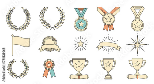 A collection of vector icons representing awards, achievements, and success, including laurel wreaths, medals, trophies, ribbons, and stars.