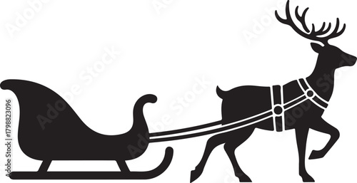 Black silhouette of a reindeer pulling a sleigh Keywords: reindeer, sleigh, christmas, winter
