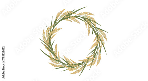 A delicate and rustic circular wreath handcrafted from golden rice stalks with vibrant green leaves, set against a pristine white background.