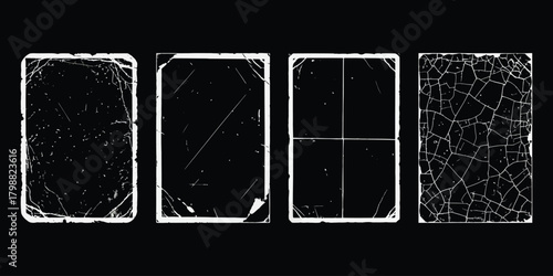 Four distressed black rectangular frames with grunge texture and white borders on a black background