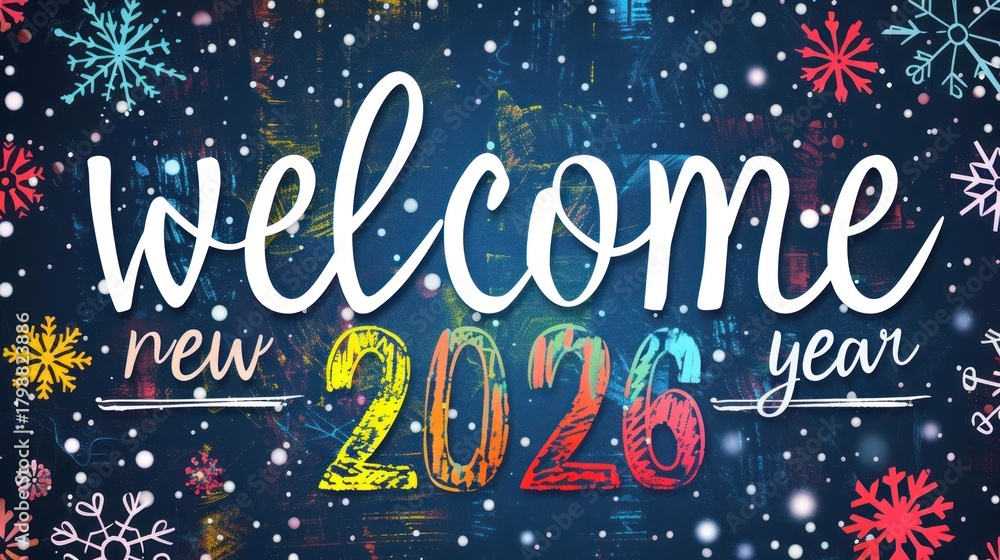 Naklejka premium Welcome new year 2026 festive text with decorative snowflakes design