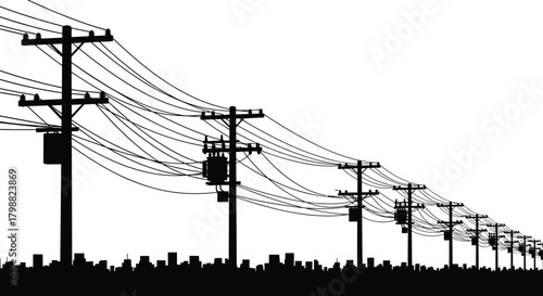Silhouette electric utility poles with transformers and overhead power lines stretching across city skyline, high voltage energy distribution infrastructure illustration concept
