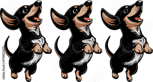 Three adorable dachshund puppies joyfully jumping up with happy expressions, originally a scalable vector graphic