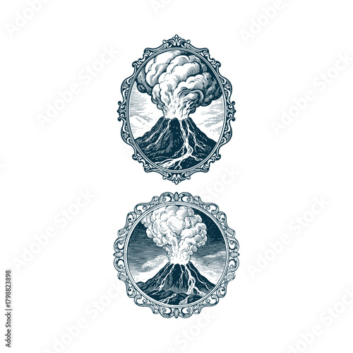 A dramatic set of two vintage engraving style illustrations featuring an erupting volcano spewing thick smoke and ash, framed by ornate, decorative borders