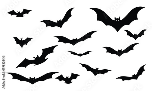 Happy Halloween vector icon. Bats flying vector on white background. Flying black bats symbol. Halloween concept and decoration.