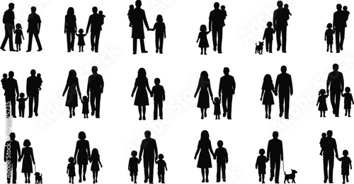 Silhouette illustration of diverse families with parents, children and pets walking together representing unity, bonding, love, support and family relationships