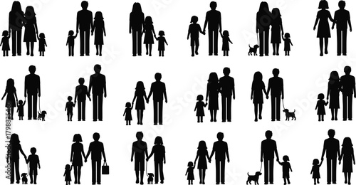 Silhouette illustration of diverse family groups with parents, children, and pets walking together representing unity, bonding, love, support and family lifestyle
