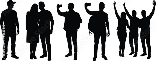 Silhouette illustration of diverse people posing, taking selfies, celebrating and expressing joyful emotions representing modern lifestyle, social interaction and group activities