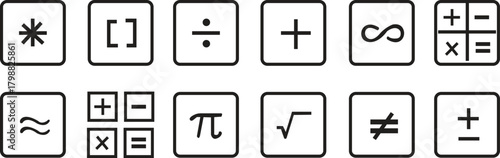 set of 12 math symbols icons. outline thin line icons such as plus, square root, math, infinity, divide, brackets, isolated on transparent background