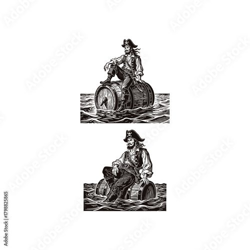 Classic vintage engraving illustration depicting a rugged pirate sitting on a large wooden rum barrel floating on the water