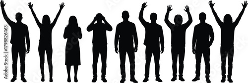 Silhouette illustration of diverse people standing, cheering, raising hands and expressing emotional reactions representing modern lifestyle, human gestures and group activities