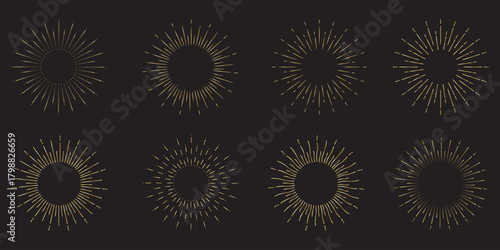 Retro gold Sun burst shapes. Sunburst collection. Fireworks. Sunburst icons. Retro sunburst design. Sunburst best quality with sun rays collection. Radial sunset beams. Bursting golden sun rays. 