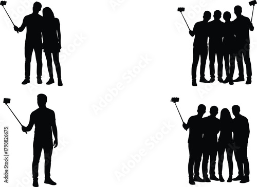 Silhouette illustration of individuals and groups taking selfies with selfie sticks capturing moments, posing together and expressing modern social lifestyle activities
