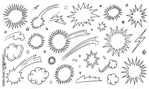 Set of Hand-Drawn Comic Book Elements. Outline Icons of Explosion, Burst, Starburst, Speed Lines, Clouds, and Lightning for Pop Art and Graphic Design.