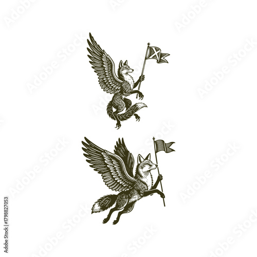 Vintage engraving illustration of a mythological winged fox or flying fox holding a decorative flag or banner vector template