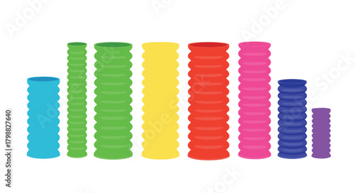 A colorful arrangement of ribbed, cylindrical tubes in varying sizes, standing upright against a white background.