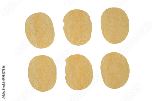 Isolated Yellow Potato Chips on Transparent Background - A Tasty Snack in Six Crunchy Pieces.
