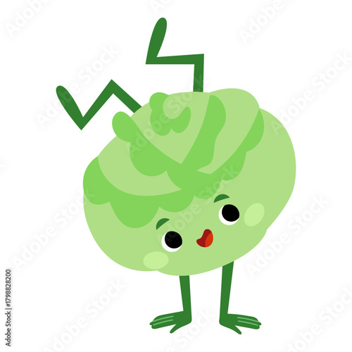 Funny cabbage standing upside down. Flat vector illustration isolated on white background. Funny sporty vegetable character for kids games or food projects