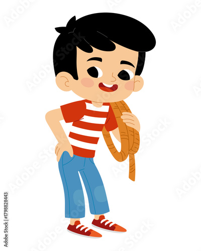 Cute boy in a striped shirt and jeans holding a rope on his shoulder. Vector illustration for children. Flat color image isolated on white background for kids games or adventure stories