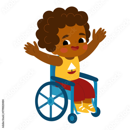 Cute character boy in wheelchair. Vector illustration for children. Flat color image isolated on white background for diversity content or educational projects about health