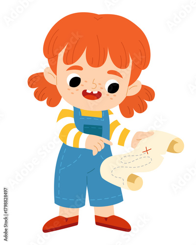 Red haired girl in denim overalls holding treasure pirate map. Flat vector illustration isolated on white background. Cute character for adventure or educational projects.