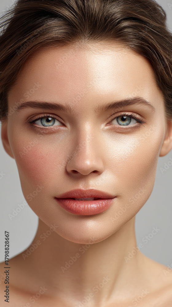 Fototapeta premium Young woman with clear skin and natural makeup looking at camera with calm expression and blue eyes