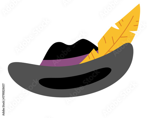 Black pirate hat with a yellow feather on top. Flat vector illustration isolated on white background. Accessory for themed cards, adventure games and party decorations