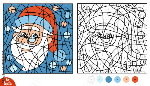 Cute Santa Claus's head color by number page. Fun and educational activity game for preschool and kindergarten children about Christmas. Square picture to learn numbers and colors