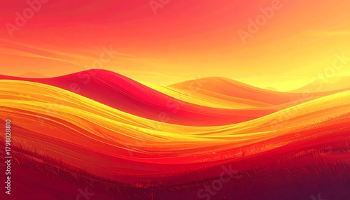 Fototapeta Naklejka Na Ścianę i Meble -  An abstract landscape portrays undulating forms in vibrant hues of red, orange, and yellow, resembling fiery sand dunes