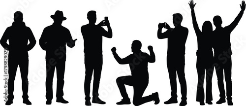 Silhouette illustration of diverse people standing, posing, celebrating, taking photos and expressing emotions in various human actions and lifestyle gestures