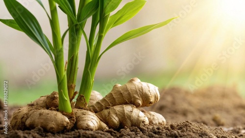 Fresh ginger root growing in rich soil bathed in sunlight for healthy living, natural remedies, and wellness promotion content