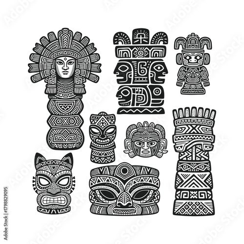 ancient tribal masks, totems, and deity figures with intricate geometric patterns. Aztec, Mayan, and Mesoamerican mythology vector art set