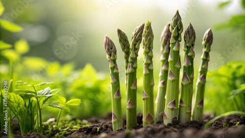 Freshly grown asparagus spears ready for harvest in vibrant green garden, showing healthy eating and spring abundance