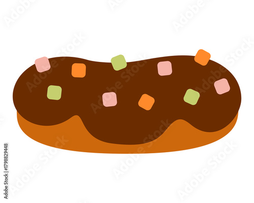 Chocolate eclair with colorful sprinkles. Sweet bakery dessert isolated on white background. Flat vector illustration for pastry shop design, menu or confectionery branding.