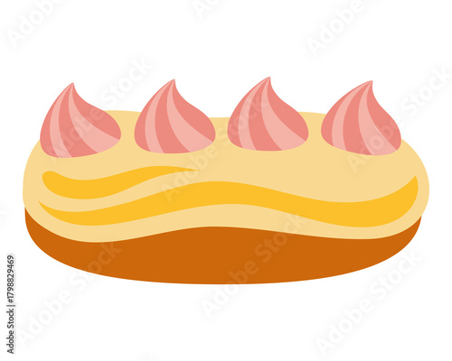 Vanilla eclair pastry topped with a pink swirl roses. Flat vector illustration isolated on white background. Sweet cute dessert for cafe menus and bakery prints.