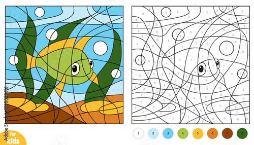 Cute fish character on sea background. Color by number page for kids. Educational activity game for preschool and kindergarten children. Square picture to learn numbers and colors