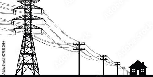 Schilderij op canvas Silhouette illustration showing electrical transmission tower with descending ut