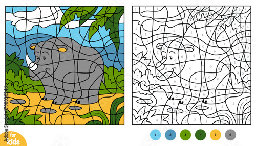 Cute rhino on African background color by number page for kids. Educational activity game for preschool and kindergarten children. Square picture to learn numbers and colors