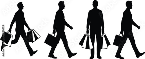 Shopping silhouette, walking figure, black graphic, vector illustration, consumer gesture, retail motion, lifestyle pose, bag carrying stance, purchase iconShopping silhouette,