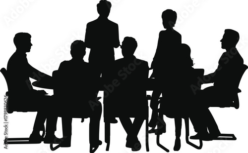 Silhouette of business team group in meeting room discussing strategy planning ideas around table representing corporate teamwork communication collaboration concept illustration